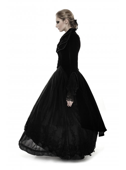 Cascade Collar Front Metal Retro Button Lace Cuff Embroidery Back Black Gothic Velvet Long Coat
