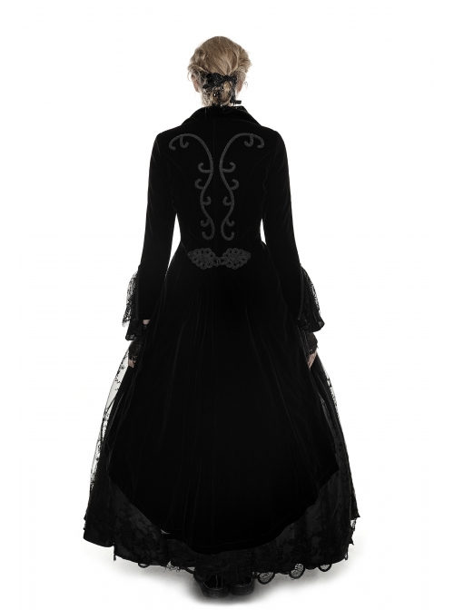 Cascade Collar Front Metal Retro Button Lace Cuff Embroidery Back Black Gothic Velvet Long Coat