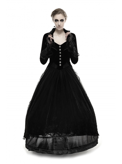 Cascade Collar Front Metal Retro Button Lace Cuff Embroidery Back Black Gothic Velvet Long Coat