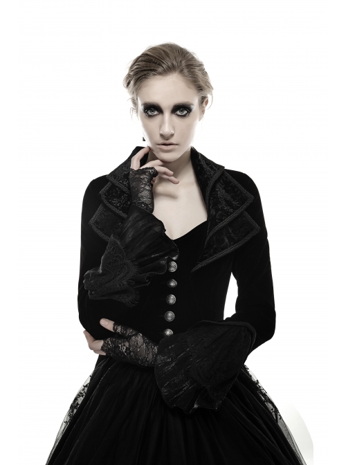 Cascade Collar Front Metal Retro Button Lace Cuff Embroidery Back Black Gothic Velvet Long Coat