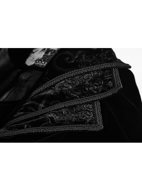 Cascade Collar Front Metal Retro Button Lace Cuff Embroidery Back Black Gothic Velvet Long Coat
