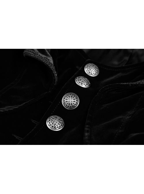 Cascade Collar Front Metal Retro Button Lace Cuff Embroidery Back Black Gothic Velvet Long Coat