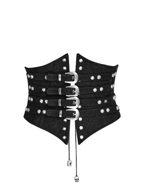 Black Front Metal Nails Metal Hasp Decoration Back Lace-Up Punk Girdle