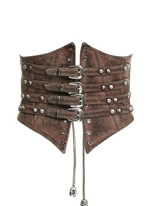 Brown Front Metal Nails Metal Hasp Decoration Back Lace-Up Punk Girdle