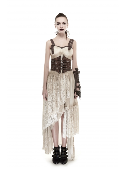 Brown Front Metal Nails Metal Hasp Decoration Back Lace-Up Punk Girdle