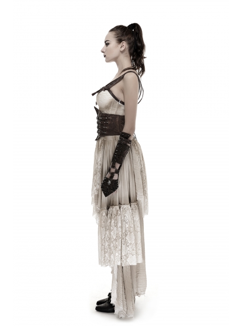 Brown Front Metal Nails Metal Hasp Decoration Back Lace-Up Punk Girdle