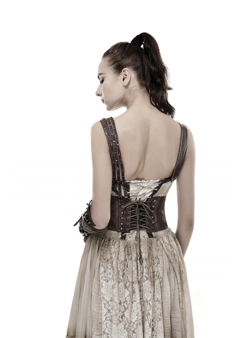Brown Front Metal Nails Metal Hasp Decoration Back Lace-Up Punk Girdle