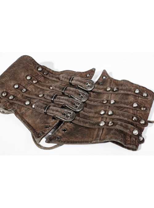 Brown Front Metal Nails Metal Hasp Decoration Back Lace-Up Punk Girdle