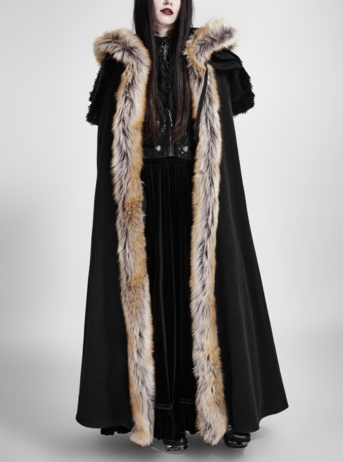 Women Black Gothic Fur Collar Wool Long Cloak