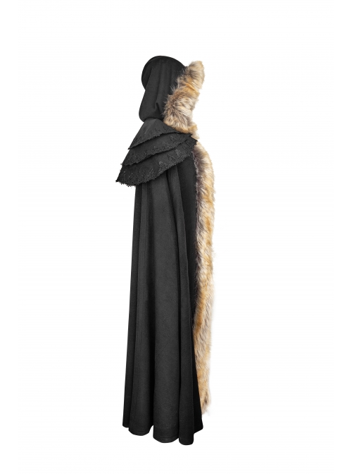 Women Black Gothic Fur Collar Wool Long Cloak