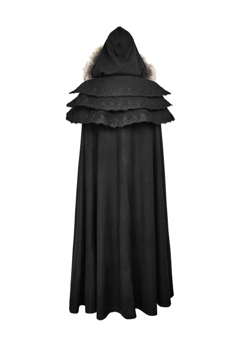 Women Black Gothic Fur Collar Wool Long Cloak