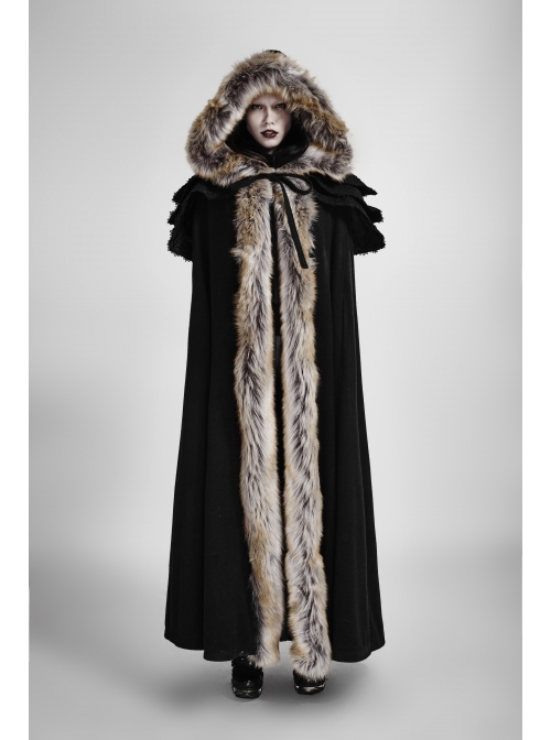 Women Black Gothic Fur Collar Wool Long Cloak - Magic Wardrobes