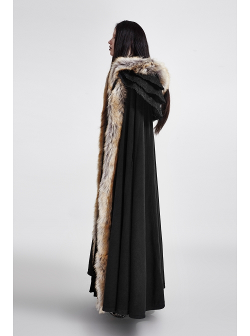 Women Black Gothic Fur Collar Wool Long Cloak - Magic Wardrobes