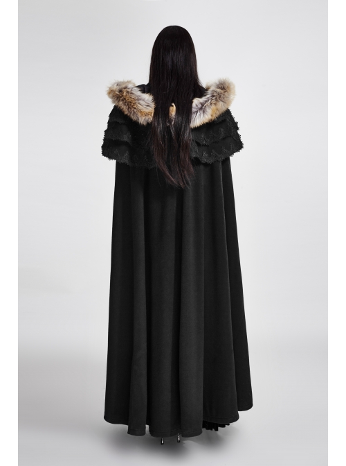 Women Black Gothic Fur Collar Wool Long Cloak
