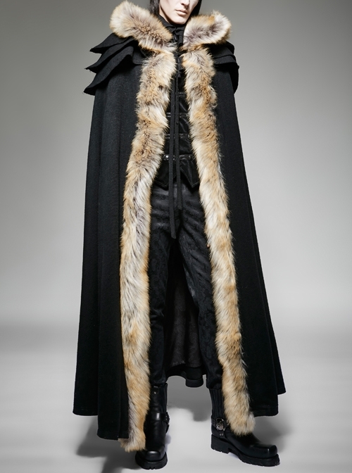 Men Black Gothic Fur Collar Wool Long Cloak