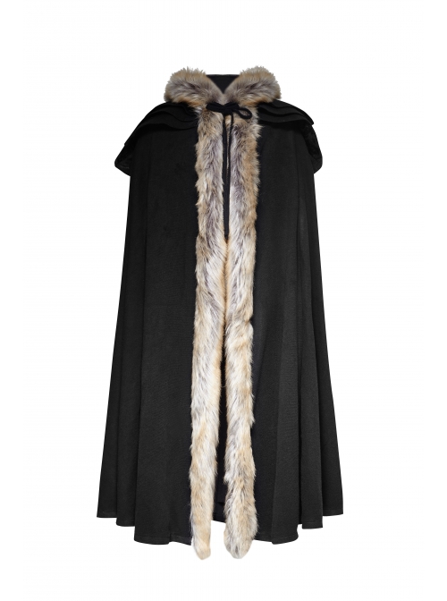 Men Black Gothic Fur Collar Wool Long Cloak - Magic Wardrobes