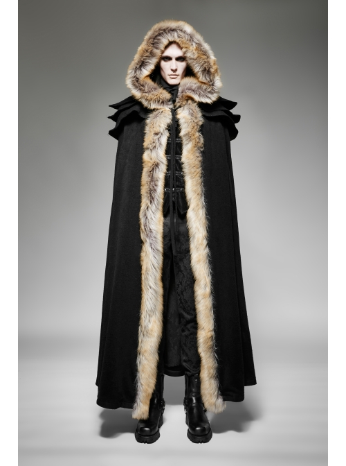 Men Black Gothic Fur Collar Wool Long Cloak - Magic Wardrobes