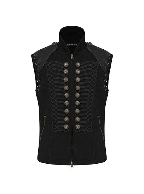 Front Ribbon Retro Metal Button Decoration Black Punk Denim Vest