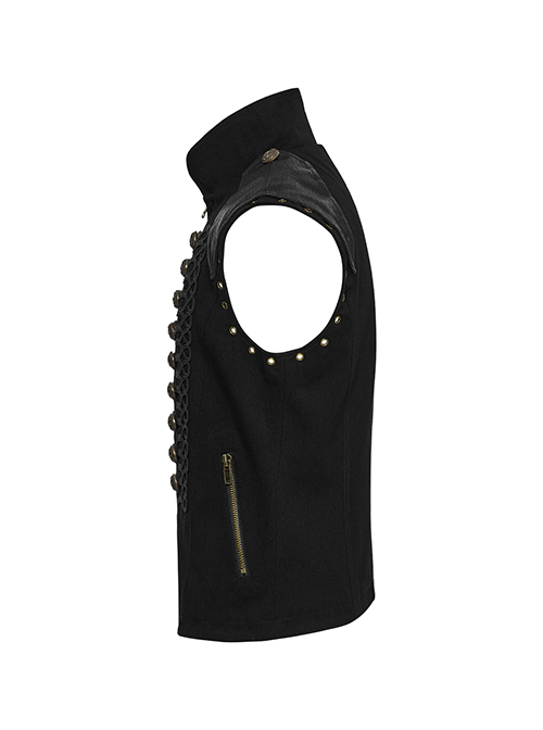 Front Ribbon Retro Metal Button Decoration Black Punk Denim Vest