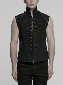 Front Ribbon Retro Metal Button Decoration Black Punk Denim Vest