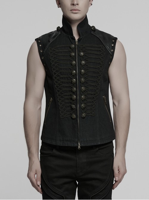 Front Ribbon Retro Metal Button Decoration Black Punk Denim Vest