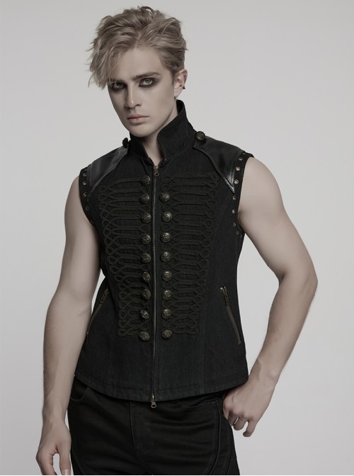 Front Ribbon Retro Metal Button Decoration Black Punk Denim Vest