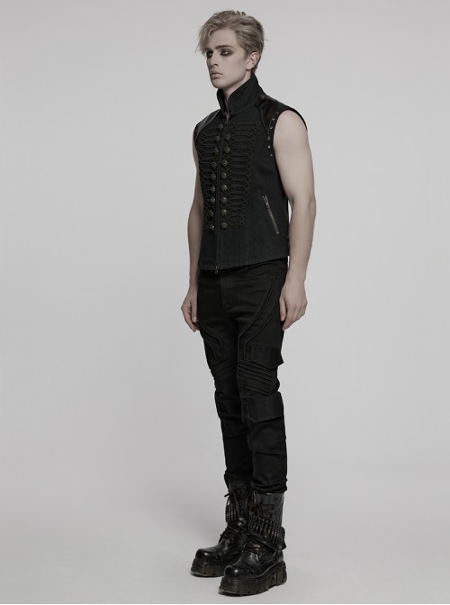 Front Ribbon Retro Metal Button Decoration Black Punk Denim Vest