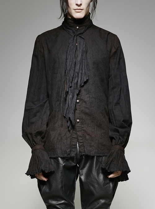 High Collar Front Retro Metal Button Frill Lantern Sleeve Flare Cuff Black Punk Painting Shirt