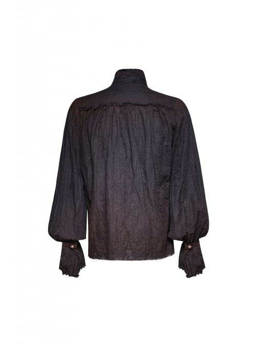 High Collar Front Retro Metal Button Frill Lantern Sleeve Flare Cuff Black Punk Painting Shirt