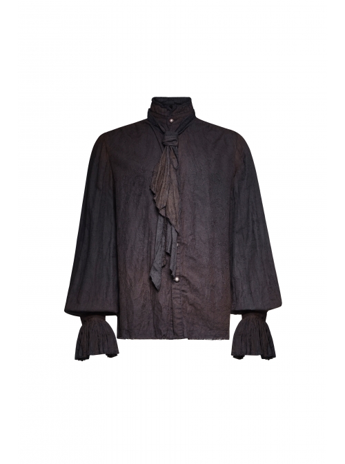 High Collar Front Retro Metal Button Frill Lantern Sleeve Flare Cuff Black Punk Painting Shirt
