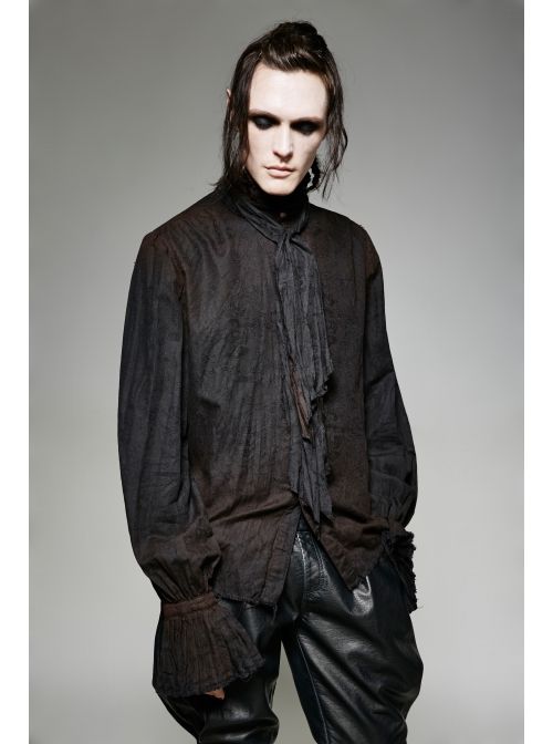 High Collar Front Retro Metal Button Frill Lantern Sleeve Flare Cuff Black Punk Painting Shirt