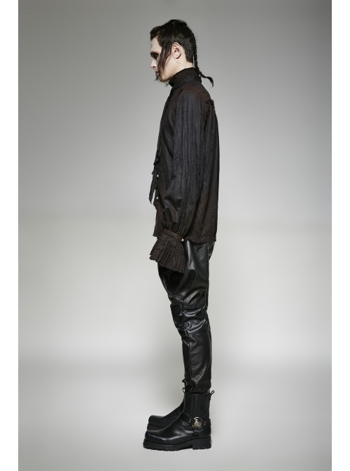High Collar Front Retro Metal Button Frill Lantern Sleeve Flare Cuff Black Punk Painting Shirt