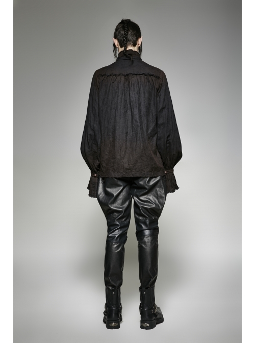 High Collar Front Retro Metal Button Frill Lantern Sleeve Flare Cuff Black Punk Painting Shirt