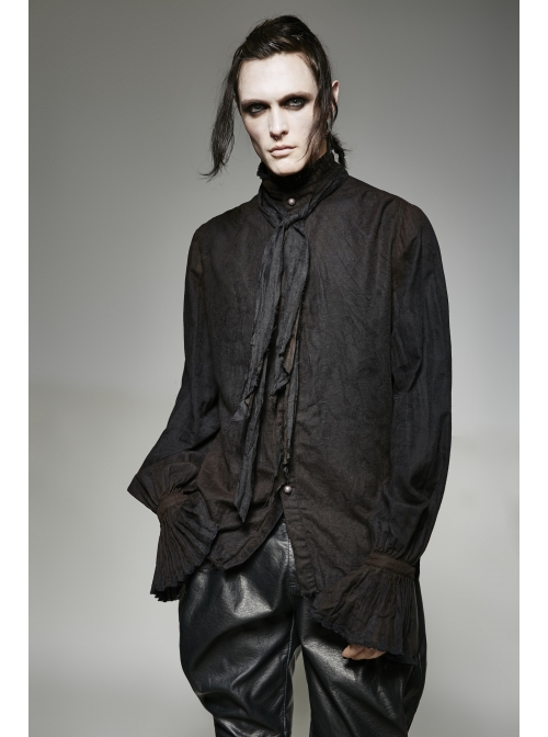 High Collar Front Retro Metal Button Frill Lantern Sleeve Flare Cuff Black Punk Painting Shirt