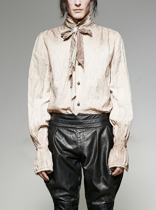High Collar Front Retro Metal Button Frill Lantern Sleeve Flare Cuff White Punk Painting Shirt