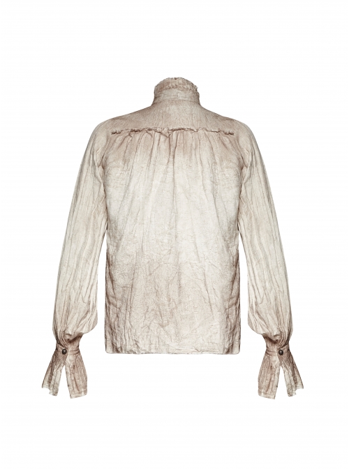 High Collar Front Retro Metal Button Frill Lantern Sleeve Flare Cuff White Punk Painting Shirt