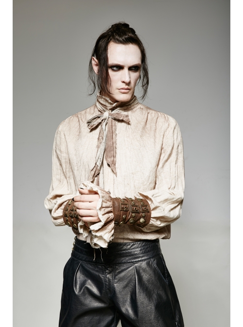 High Collar Front Retro Metal Button Frill Lantern Sleeve Flare Cuff White Punk Painting Shirt