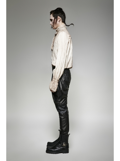 High Collar Front Retro Metal Button Frill Lantern Sleeve Flare Cuff White Punk Painting Shirt