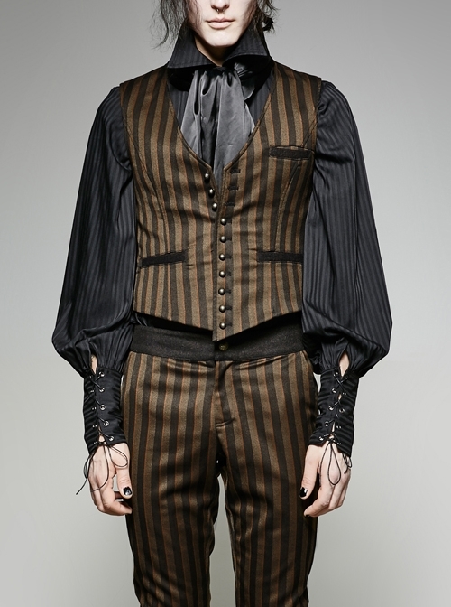 Front Retro Metal Button Back Waist Leather Hasp Brown Punk Striped Waistcoat