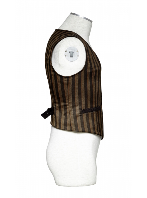 Front Retro Metal Button Back Waist Leather Hasp Brown Punk Striped Waistcoat