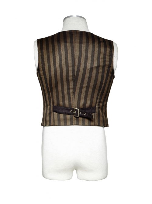 Front Retro Metal Button Back Waist Leather Hasp Brown Punk Striped Waistcoat