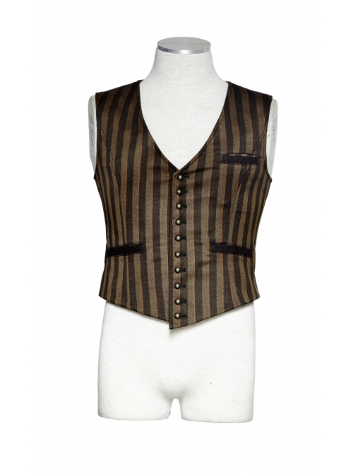 Front Retro Metal Button Back Waist Leather Hasp Brown Punk Striped Waistcoat