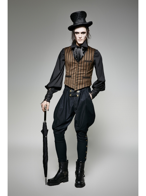 Front Retro Metal Button Back Waist Leather Hasp Brown Punk Striped Waistcoat