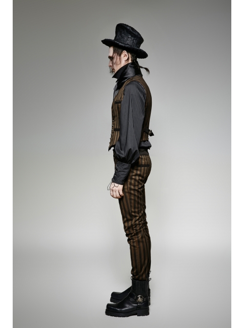 Front Retro Metal Button Back Waist Leather Hasp Brown Punk Striped Waistcoat