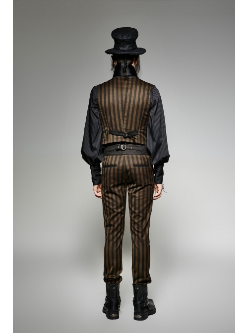 Front Retro Metal Button Back Waist Leather Hasp Brown Punk Striped Waistcoat