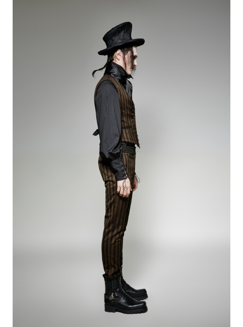 Front Retro Metal Button Back Waist Leather Hasp Brown Punk Striped Waistcoat