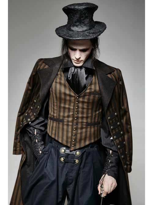 Front Retro Metal Button Back Waist Leather Hasp Brown Punk Striped Waistcoat