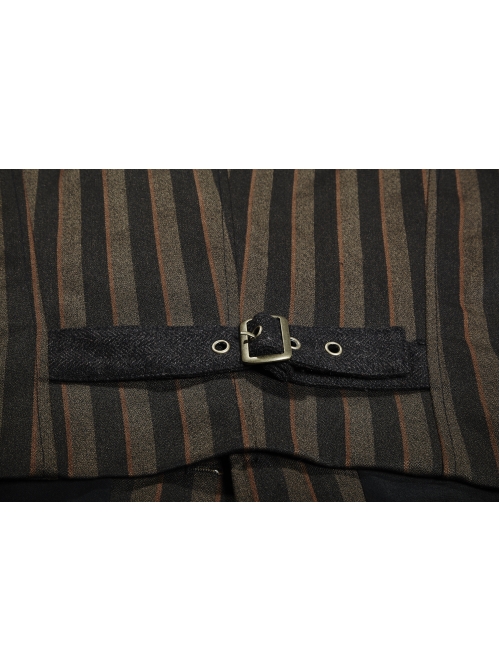 Front Retro Metal Button Back Waist Leather Hasp Brown Punk Striped Waistcoat
