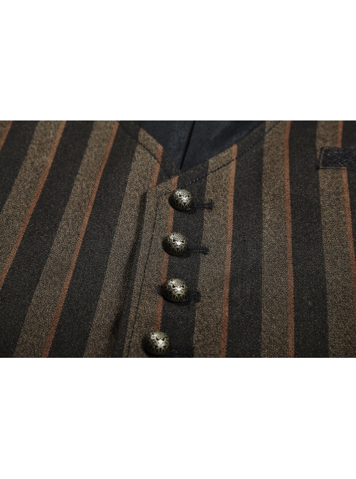Front Retro Metal Button Back Waist Leather Hasp Brown Punk Striped Waistcoat