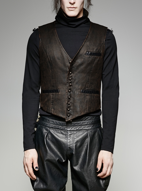 Front Retro Metal Button Back Waist Leather Hasp Brown Punk Leather Waistcoat